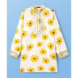 Pine Kids Woven Full Sleeves Kurta & Pajama Set with Lace Detailing & Floral Print - White
