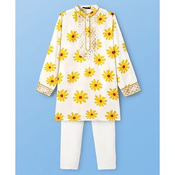 Pine Kids Woven Full Sleeves Kurta & Pajama Set with Lace Detailing & Floral Print - White