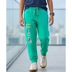 Pine Kids Knit Full Length Lounge Pant With Text Print - Sea Green