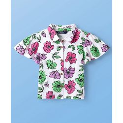 Pine Kids Cotton Knit Flutter Sleeves Top with Floral Print - White