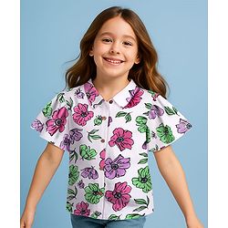 Pine Kids Cotton Knit Flutter Sleeves Top with Floral Print - White