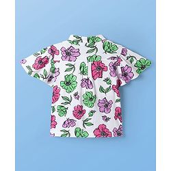 Pine Kids Cotton Knit Flutter Sleeves Top with Floral Print - White