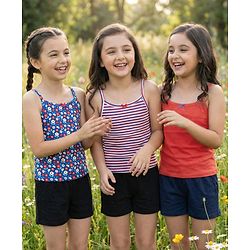 Pine Kids Cotton Elastane Knit Singlet Sleeves Slips with Floral Print & Stripes Pack of 3 (Color May Vary)