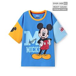 Pine Kids Disney  Single Jersey Knit Half Drop Shoulder Sleeves Oversized T-Shirt with Mickey Mouse Graphics & Patch Detailing - Blue