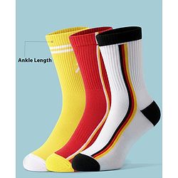 Pine Active Cotton Lycra Knit Breathable Athletic Calf Length Socks With Logo Design Pack of 3 - Red, Yellow & White