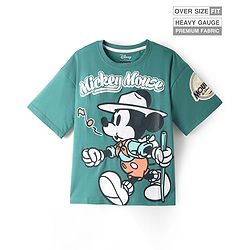 Pine Kids Disney Single Jersey Knit Half Sleeves Oversize Drop Shoulder T-Shirt With Mickey Mouse Graphic And Badge Detailing - Olive Green