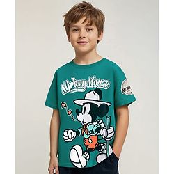 Pine Kids Disney Single Jersey Knit Half Sleeves Oversize Drop Shoulder T-Shirt With Mickey Mouse Graphic And Badge Detailing - Olive Green