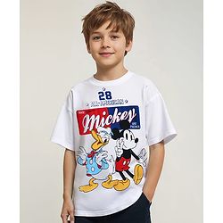 Pine Kids Disney Single Jersey Knit Half Sleeves Oversized Drop Shoulder T-Shirt With Mickey & Friends Graphic - White