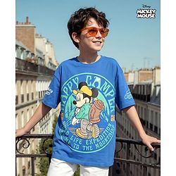 Pine Kids Disney Single Jersey Knit Half Drop Shoulder Sleeves T-Shirt with Mickey Mouse Graphics - Blue