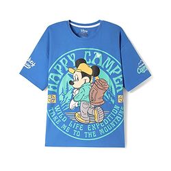Pine Kids Disney Single Jersey Knit Half Drop Shoulder Sleeves T-Shirt with Mickey Mouse Graphics - Blue