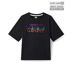 Pine Kids Lucas Single Jersey Knit Half Drop Shoulder Sleeves Oversized T-Shirt with Star Wars Holographic - Black