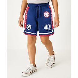 Pine Kids Marvel Terry Knit Knee Length Cut & Sew Shorts With Avengers Graphics & Badge Detailing - Blue