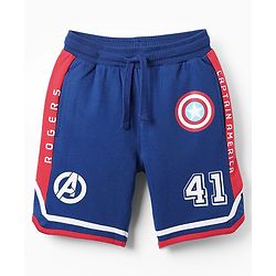 Pine Kids Marvel Terry Knit Knee Length Cut & Sew Shorts With Avengers Graphics & Badge Detailing - Blue