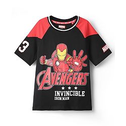 Pine Kids Marvel Single Jersey Knit Half Sleeves Oversized Drop Shoulder Raglan T-Shirt And Shorts Set With Avengers Graphics - Red & Black