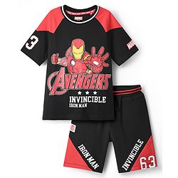 Pine Kids Marvel Single Jersey Knit Half Sleeves Oversized Drop Shoulder Raglan T-Shirt And Shorts Set With Avengers Graphics - Red & Black
