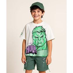 Pine Kids Marvel Single Jersey Knit Half Sleeves Oversize Drop Shoulder T-Shirt & Shorts Set With Avengers Hulk Graphics - White & Olive Green