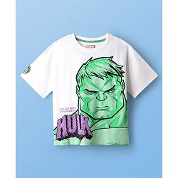 Pine Kids Marvel Single Jersey Knit Half Sleeves Oversize Drop Shoulder T-Shirt & Shorts Set With Avengers Hulk Graphics - White & Olive Green