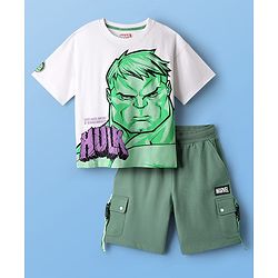 Pine Kids Marvel Single Jersey Knit Half Sleeves Oversize Drop Shoulder T-Shirt & Shorts Set With Avengers Hulk Graphics - White & Olive Green
