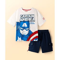 Pine Kids Marvel Single Jersey Knit Half Drop Shoulder Sleeves Oversized T-Shirt & Shorts Set With Captain America Graphics & Badge Detailing - White & Navy Blue