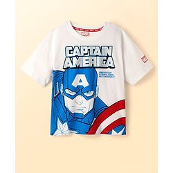 Pine Kids Marvel Single Jersey Knit Half Drop Shoulder Sleeves Oversized T-Shirt & Shorts Set With Captain America Graphics & Badge Detailing - White & Navy Blue