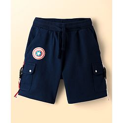 Pine Kids Marvel Single Jersey Knit Half Drop Shoulder Sleeves Oversized T-Shirt & Shorts Set With Captain America Graphics & Badge Detailing - White & Navy Blue