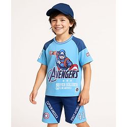 Pine Kids Marvel Single Jersey Knit Half Sleeves Oversized Drop Shoulder Raglan T-Shirt And Shorts With Avengers Captain America Graphics - Blue