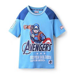 Pine Kids Marvel Single Jersey Knit Half Sleeves Oversized Drop Shoulder Raglan T-Shirt And Shorts With Avengers Captain America Graphics - Blue