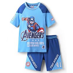 Pine Kids Marvel Single Jersey Knit Half Sleeves Oversized Drop Shoulder Raglan T-Shirt And Shorts With Avengers Captain America Graphics - Blue