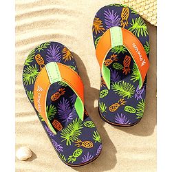 Pine Kids Slip On Flip Flops with Tropical Theme Print - Navy Blue & Green