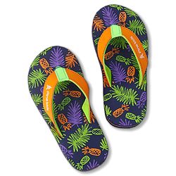 Pine Kids Slip On Flip Flops with Tropical Theme Print - Navy Blue & Green