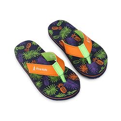 Pine Kids Slip On Flip Flops with Tropical Theme Print - Navy Blue & Green