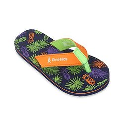 Pine Kids Slip On Flip Flops with Tropical Theme Print - Navy Blue & Green