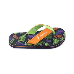 Pine Kids Slip On Flip Flops with Tropical Theme Print - Navy Blue & Green