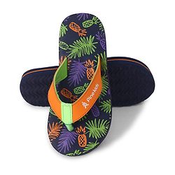Pine Kids Slip On Flip Flops with Tropical Theme Print - Navy Blue & Green