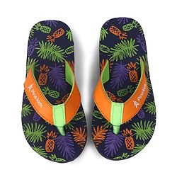 Pine Kids Slip On Flip Flops with Tropical Theme Print - Navy Blue & Green