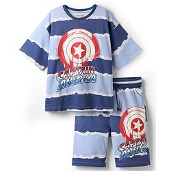 Pine Kids Marvel Single Jersey Knit Half Drop Shoulder Sleeves Oversized T-Shirt & Shorts Set With Captain America Graphics - Blue