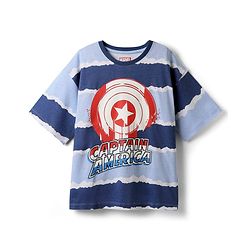 Pine Kids Marvel Single Jersey Knit Half Drop Shoulder Sleeves Oversized T-Shirt & Shorts Set With Captain America Graphics - Blue