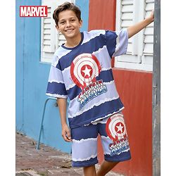 Pine Kids Marvel Single Jersey Knit Half Drop Shoulder Sleeves Oversized T-Shirt & Shorts Set With Captain America Graphics - Blue