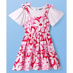 Pine Kids Cotton Knit Floral Print Frock with Half Sleeves Inner Tee - Pink & White