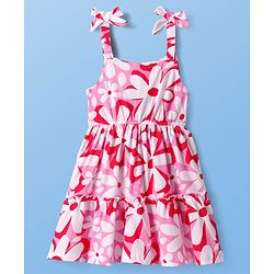 Pine Kids Cotton Knit Floral Print Frock with Half Sleeves Inner Tee - Pink & White