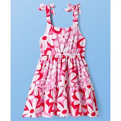 Pine Kids Cotton Knit Floral Print Frock with Half Sleeves Inner Tee - Pink & White