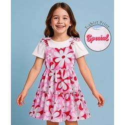 Pine Kids Cotton Knit Floral Print Frock with Half Sleeves Inner Tee - Pink & White