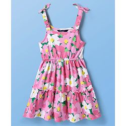 Pine Kids Cotton Knit Floral Printed Tiered Frock with Half Frill Sleeves Inner Tee - Pink & White