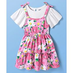 Pine Kids Cotton Knit Floral Printed Tiered Frock with Half Frill Sleeves Inner Tee - Pink & White