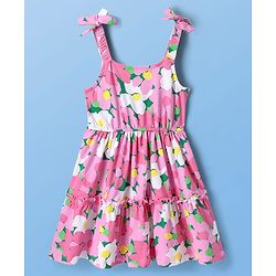 Pine Kids Cotton Knit Floral Printed Tiered Frock with Half Frill Sleeves Inner Tee - Pink & White