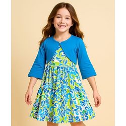 Pine Kids Cotton Knit Floral Printed Frock with Three Fourth Sleeves Shrug - Blue