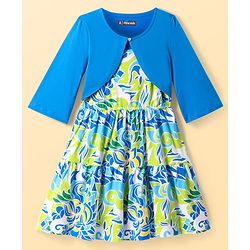 Pine Kids Cotton Knit Floral Printed Frock with Three Fourth Sleeves Shrug - Blue
