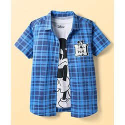Pine Kids Disney Single Jersey Knit Half Sleeves Checkered Shirt & Sleeveless T-Shirt With Front & Back Mickey Mouse - Blue & White