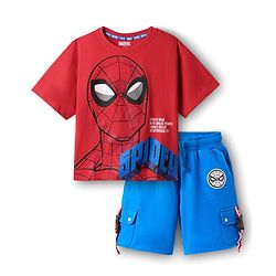 Pine Kids Marvel Single Jersey Knit Half Drop Shoulder Sleeves Oversized T-Shirt & Shorts Set With Spider-Man Graphics Badge & Buckle Detailing - Red & Blue