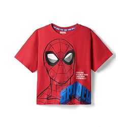 Pine Kids Marvel Single Jersey Knit Half Drop Shoulder Sleeves Oversized T-Shirt & Shorts Set With Spider-Man Graphics Badge & Buckle Detailing - Red & Blue